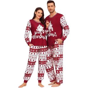 image:imageSWOMOG Matching Family Pajama Set Couple Christmas Printed Sleepwear Xmas Long Sleeve Lounge Set Men amp Women Pjs SetWine Red Tree