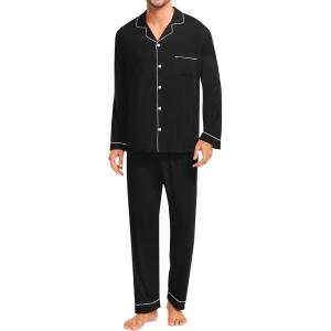 image:imageSWOMOG Men Pajamas Set Comfy Modal Pjs Button Down Sleepwear 2 Piece Long Sleeve Lounge Set Soft Nightwear with PocketsBlack