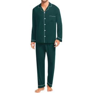 image:imageSWOMOG Men Pajamas Set Comfy Modal Pjs Button Down Sleepwear 2 Piece Long Sleeve Lounge Set Soft Nightwear with PocketsDeep Green