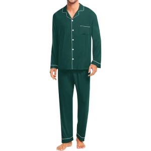 image:imageSWOMOG Men Pajamas Set Comfy Modal Pjs Button Down Sleepwear 2 Piece Long Sleeve Lounge Set Soft Nightwear with PocketsGreen