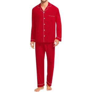 image:imageSWOMOG Men Pajamas Set Comfy Modal Pjs Button Down Sleepwear 2 Piece Long Sleeve Lounge Set Soft Nightwear with PocketsRed