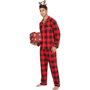 image:imageSWOMOG Men Pajamas Set Comfy Modal Pjs Button Down Sleepwear 2 Piece Long Sleeve Lounge Set Soft Nightwear with PocketsRed Buffalo Plaid