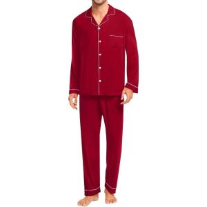 image:imageSWOMOG Men Pajamas Set Comfy Modal Pjs Button Down Sleepwear 2 Piece Long Sleeve Lounge Set Soft Nightwear with PocketsWine Red