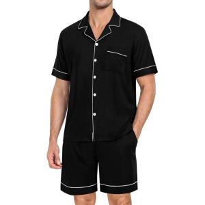 image:imageSWOMOG Mens Pajama Set Short Sleeve 2 PCS Sleepwear Button Down Soft Loungewear Modal Set Pj Set with Pockets S3XLBlack