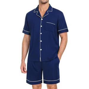 image:imageSWOMOG Mens Pajama Set Short Sleeve 2 PCS Sleepwear Button Down Soft Loungewear Modal Set Pj Set with Pockets S3XLNavy Blue