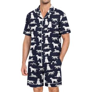 image:imageSWOMOG Mens Pajama Set Short Sleeve 2 PCS Sleepwear Button Down Soft Loungewear Modal Set Pj Set with Pockets S3XLNavy Blue Dogs