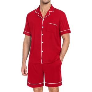 image:imageSWOMOG Mens Pajama Set Short Sleeve 2 PCS Sleepwear Button Down Soft Loungewear Modal Set Pj Set with Pockets S3XLRed