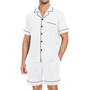 image:imageSWOMOG Mens Pajama Set Short Sleeve 2 PCS Sleepwear Button Down Soft Loungewear Modal Set Pj Set with Pockets S3XLWhite