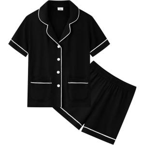 image:imageSWOMOG Unisex Girls Boys Soft Pajamas Set ButtonDown PJs Short Sleeve Sleepwear Toddler Cute Lounge Sets2 Pocketblack
