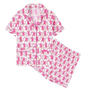 image:imageSWOMOG Unisex Girls Boys Soft Pajamas Set ButtonDown PJs Short Sleeve Sleepwear Toddler Cute Lounge Sets2 Pocketblsuh Pink Monkey
