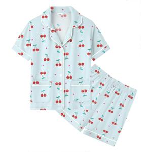 image:imageSWOMOG Unisex Girls Boys Soft Pajamas Set ButtonDown PJs Short Sleeve Sleepwear Toddler Cute Lounge Sets2 Pocketblue Cherry