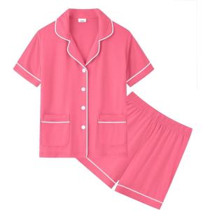 image:imageSWOMOG Unisex Girls Boys Soft Pajamas Set ButtonDown PJs Short Sleeve Sleepwear Toddler Cute Lounge Sets2 Pocketcoral