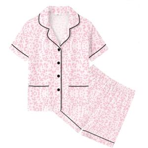 image:imageSWOMOG Unisex Girls Boys Soft Pajamas Set ButtonDown PJs Short Sleeve Sleepwear Toddler Cute Lounge Sets2 Pocketpink Leopard