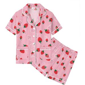 image:imageSWOMOG Unisex Girls Boys Soft Pajamas Set ButtonDown PJs Short Sleeve Sleepwear Toddler Cute Lounge Sets2 Pocketpink Strawberry