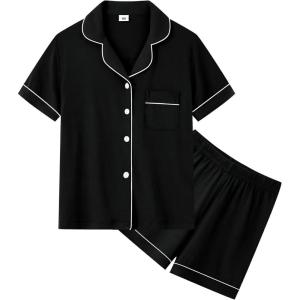 image:imageSWOMOG Unisex Girls Boys Soft Pajamas Set ButtonDown PJs Short Sleeve Sleepwear Toddler Cute Lounge SetsBlack