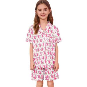 image:imageSWOMOG Unisex Girls Boys Soft Pajamas Set ButtonDown PJs Short Sleeve Sleepwear Toddler Cute Lounge SetsBlsuh Pink Monkey