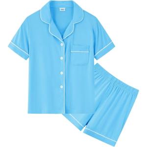 image:imageSWOMOG Unisex Girls Boys Soft Pajamas Set ButtonDown PJs Short Sleeve Sleepwear Toddler Cute Lounge SetsLight Blue