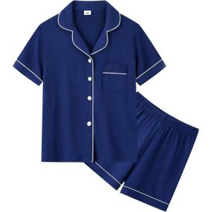 image:imageSWOMOG Unisex Girls Boys Soft Pajamas Set ButtonDown PJs Short Sleeve Sleepwear Toddler Cute Lounge SetsNavy