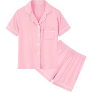 image:imageSWOMOG Unisex Girls Boys Soft Pajamas Set ButtonDown PJs Short Sleeve Sleepwear Toddler Cute Lounge SetsPink