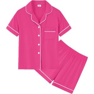 image:imageSWOMOG Unisex Girls Boys Soft Pajamas Set ButtonDown PJs Short Sleeve Sleepwear Toddler Cute Lounge SetsRose Red