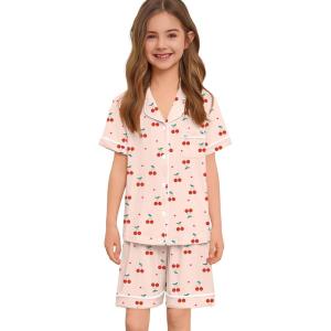 image:imageSWOMOG Unisex Girls Boys Soft Pajamas Set ButtonDown PJs Short Sleeve Sleepwear Toddler Cute Lounge SetsYellow Cherry