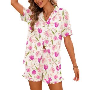 image:imageSWOMOG Woman Pajama Set Short Sleeve Pjs Set 2Pcs Short Pajamas Button Down Ruffle Hem Sleepwear Soft Modal LoungewearApricot Tulip