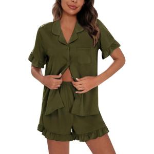 image:imageSWOMOG Woman Pajama Set Short Sleeve Pjs Set 2Pcs Short Pajamas Button Down Ruffle Hem Sleepwear Soft Modal LoungewearArmy Green