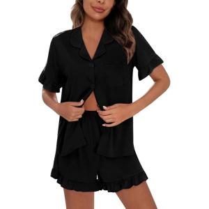 image:imageSWOMOG Woman Pajama Set Short Sleeve Pjs Set 2Pcs Short Pajamas Button Down Ruffle Hem Sleepwear Soft Modal LoungewearBlack
