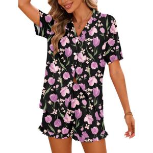 image:imageSWOMOG Woman Pajama Set Short Sleeve Pjs Set 2Pcs Short Pajamas Button Down Ruffle Hem Sleepwear Soft Modal LoungewearBlack Tulip