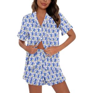 image:imageSWOMOG Woman Pajama Set Short Sleeve Pjs Set 2Pcs Short Pajamas Button Down Ruffle Hem Sleepwear Soft Modal LoungewearBlue Monkey
