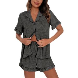 image:imageSWOMOG Woman Pajama Set Short Sleeve Pjs Set 2Pcs Short Pajamas Button Down Ruffle Hem Sleepwear Soft Modal LoungewearDark Gray