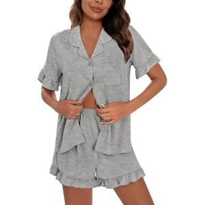 image:imageSWOMOG Woman Pajama Set Short Sleeve Pjs Set 2Pcs Short Pajamas Button Down Ruffle Hem Sleepwear Soft Modal LoungewearGray