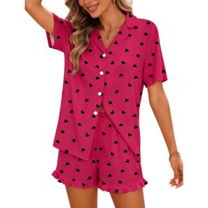 image:imageSWOMOG Woman Pajama Set Short Sleeve Pjs Set 2Pcs Short Pajamas Button Down Ruffle Hem Sleepwear Soft Modal LoungewearHot Pink Heart