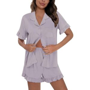 image:imageSWOMOG Woman Pajama Set Short Sleeve Pjs Set 2Pcs Short Pajamas Button Down Ruffle Hem Sleepwear Soft Modal LoungewearLilac