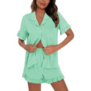 image:imageSWOMOG Woman Pajama Set Short Sleeve Pjs Set 2Pcs Short Pajamas Button Down Ruffle Hem Sleepwear Soft Modal LoungewearMint Green