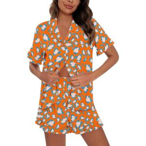 image:imageSWOMOG Woman Pajama Set Short Sleeve Pjs Set 2Pcs Short Pajamas Button Down Ruffle Hem Sleepwear Soft Modal LoungewearOrange Leopard