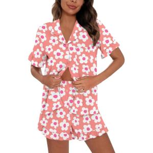 image:imageSWOMOG Woman Pajama Set Short Sleeve Pjs Set 2Pcs Short Pajamas Button Down Ruffle Hem Sleepwear Soft Modal LoungewearPeach Flower