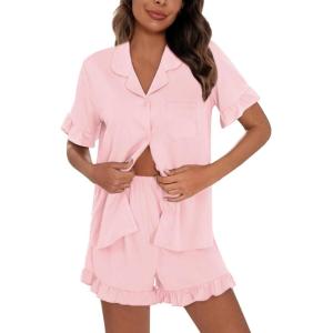 image:imageSWOMOG Woman Pajama Set Short Sleeve Pjs Set 2Pcs Short Pajamas Button Down Ruffle Hem Sleepwear Soft Modal LoungewearPink