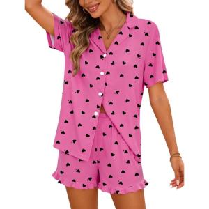 image:imageSWOMOG Woman Pajama Set Short Sleeve Pjs Set 2Pcs Short Pajamas Button Down Ruffle Hem Sleepwear Soft Modal LoungewearPink Heart