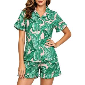 image:imageSWOMOG Woman Pajama Set Short Sleeve Pjs Set 2Pcs Short Pajamas Button Down Ruffle Hem Sleepwear Soft Modal LoungewearPink Leaf