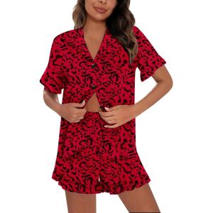 image:imageSWOMOG Woman Pajama Set Short Sleeve Pjs Set 2Pcs Short Pajamas Button Down Ruffle Hem Sleepwear Soft Modal LoungewearRed Leopard