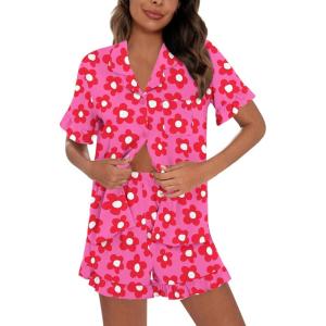 image:imageSWOMOG Woman Pajama Set Short Sleeve Pjs Set 2Pcs Short Pajamas Button Down Ruffle Hem Sleepwear Soft Modal LoungewearRose Flower