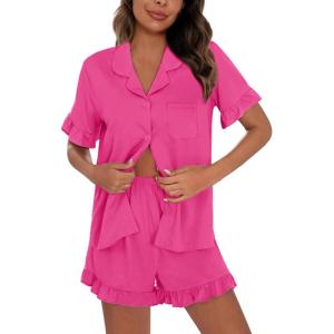 image:imageSWOMOG Woman Pajama Set Short Sleeve Pjs Set 2Pcs Short Pajamas Button Down Ruffle Hem Sleepwear Soft Modal LoungewearRose Red