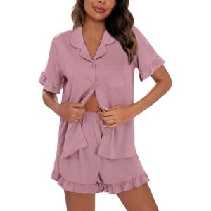 image:imageSWOMOG Woman Pajama Set Short Sleeve Pjs Set 2Pcs Short Pajamas Button Down Ruffle Hem Sleepwear Soft Modal LoungewearTaro Purple
