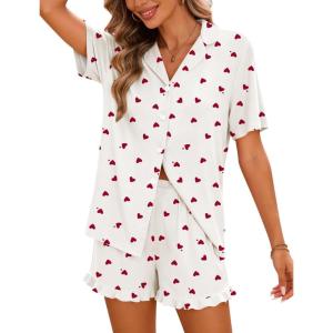 image:imageSWOMOG Woman Pajama Set Short Sleeve Pjs Set 2Pcs Short Pajamas Button Down Ruffle Hem Sleepwear Soft Modal LoungewearWhite Heart
