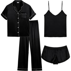 image:imageSWOMOG Women Plus Size Pajama Set 4pcs Silk Satin Sleepwear Button Down Pjs Cami Shorts Set Loose Loungewear 16W26WBlack