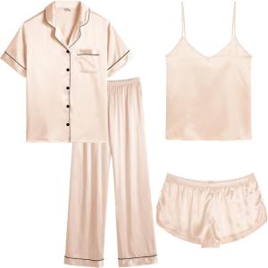 image:imageSWOMOG Women Plus Size Pajama Set 4pcs Silk Satin Sleepwear Button Down Pjs Cami Shorts Set Loose Loungewear 16W26WChampagne