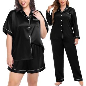 image:imageSWOMOG Women Plus Size Pajama Set 4pcs Silk Satin Sleepwear Button Down Pjs Cami Shorts Set Loose Loungewear 16W26WDark