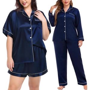 image:imageSWOMOG Women Plus Size Pajama Set 4pcs Silk Satin Sleepwear Button Down Pjs Cami Shorts Set Loose Loungewear 16W26WDark Midnight Blue