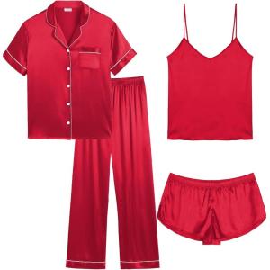 image:imageSWOMOG Women Plus Size Pajama Set 4pcs Silk Satin Sleepwear Button Down Pjs Cami Shorts Set Loose Loungewear 16W26WDeep Red